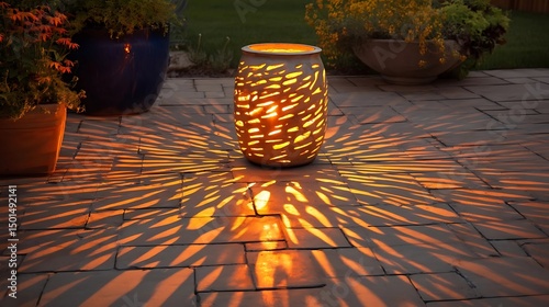 Summer Solstice: Handcrafted clay luminaria with sun-inspired cutouts casting