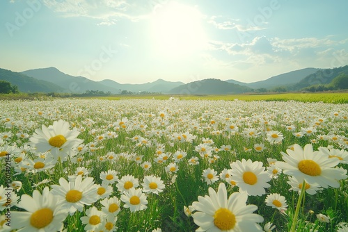The blooming flowers are beautiful the field of colors Daisy field on a clear day Daisies come in white and yellow and surrounded by green grass surrounded by green nature and shin