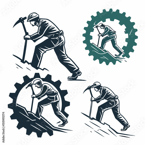 Hardworking miners climbing mountain gear icons