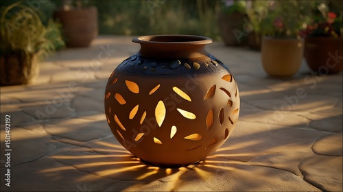Summer Solstice: Handcrafted clay luminaria with sun-inspired cutouts casting