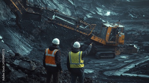 Two workers oversee heavy machinery excavating coal in a vast open-pit mine