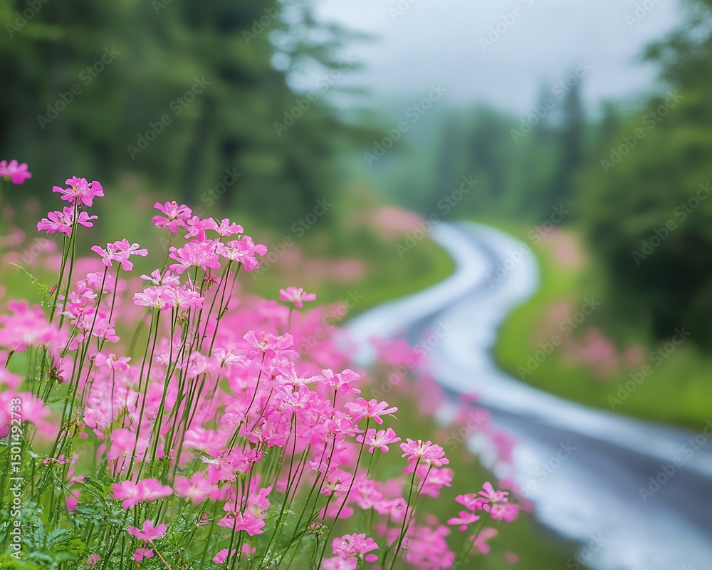 Fototapeta premium Vibrant wild radish flowers blooming beside a country road, spring, roadside, flora high resolution for isolate image