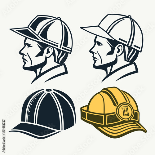 Head profiles wearing baseball caps and hard hats vector illustration