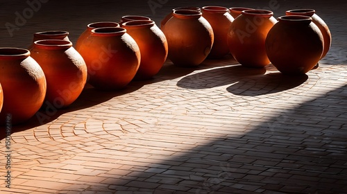 Summer Solstice: Terracotta pots arranged in pattern under intense midday solstice