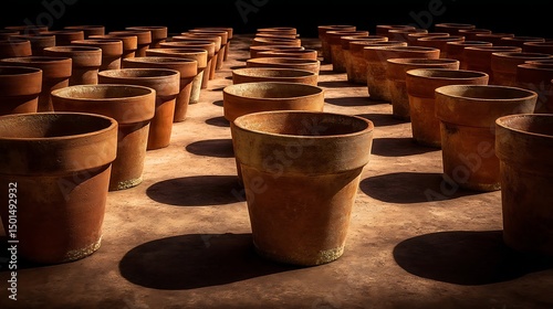 Summer Solstice: Terracotta pots arranged in pattern under intense midday solstice
