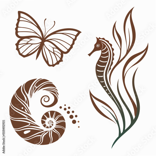 Elegant brown butterfly seahorse nautilus design elements on white