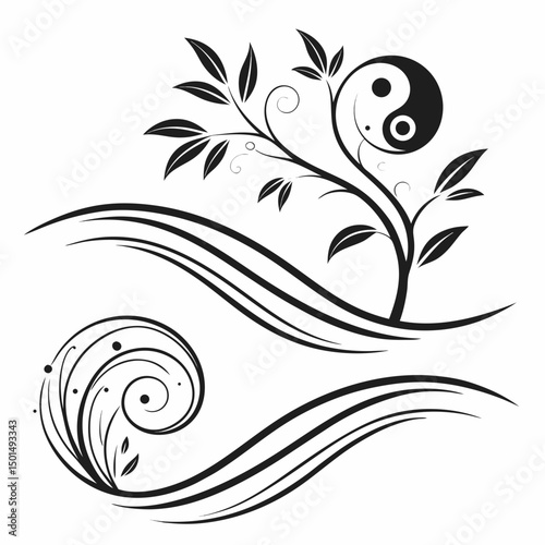 Yin yang symbol with floral design and swirling waves