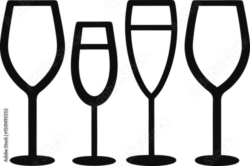 Wine glass and bottle silhouette vector, Set of drinks glasses vector illustration