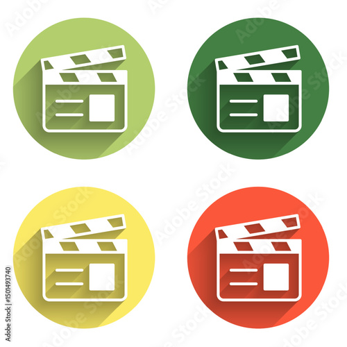Set Movie clapper icon isolated with long shadow background. Film clapper board. Clapperboard sign. Cinema production or media industry. Color circle button. Vector
