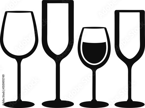 Wine glass and bottle silhouette vector, Set of drinks glasses vector illustration