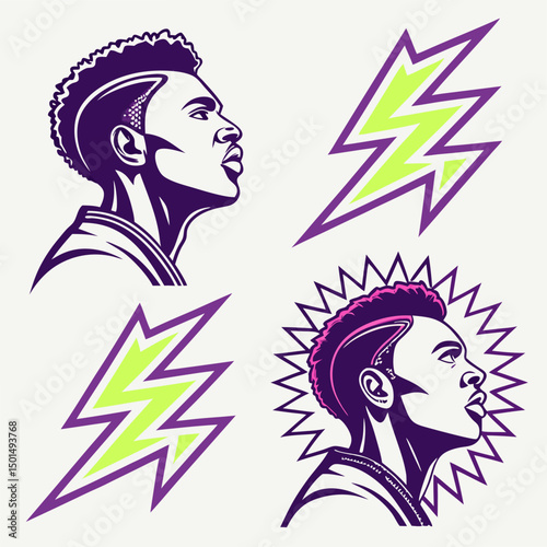 Stylish male portraits with abstract lightning bolts, transparent background