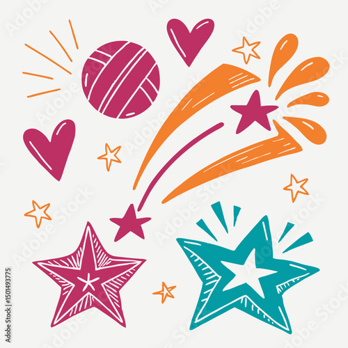 Colorful hand drawn stars hearts shooting star ball