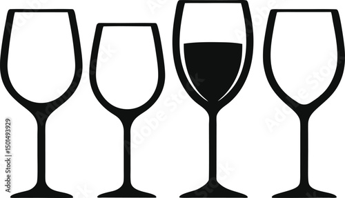 Wine glass and bottle silhouette vector, Set of drinks glasses vector illustration