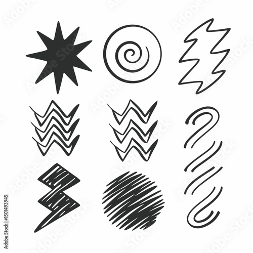 Nine hand drawn abstract shapes isolated on white background