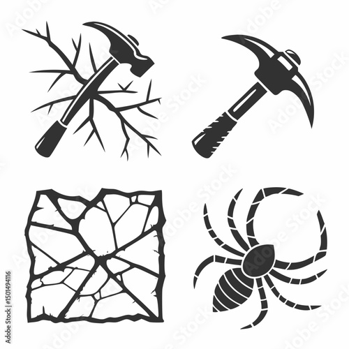 Hammer pickaxe cracked stone spider icon set