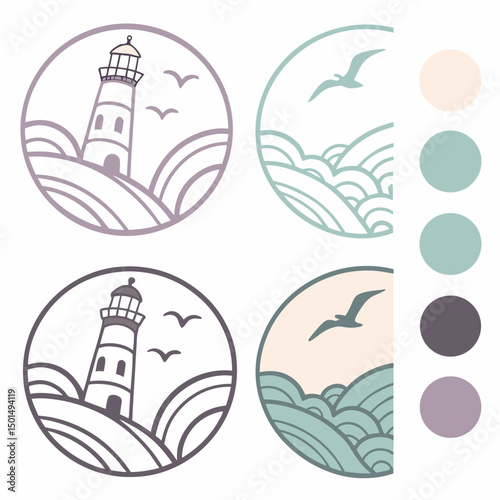 Coastal lighthouse and ocean waves design elements