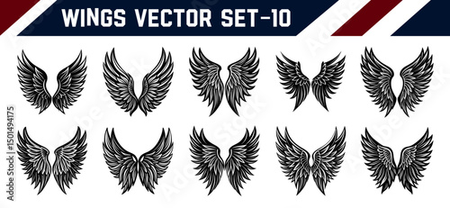 Elegant Dark Wings Vector Set – Angel Feather Clipart in Black for Tattoo Artists and Fantasy Poster Design.