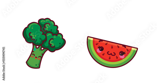 Set Vegetables and fruits funny stickers