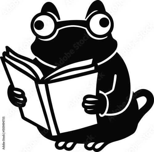 Adorable cartoon frog enthusiastically reading a book isolated on white background