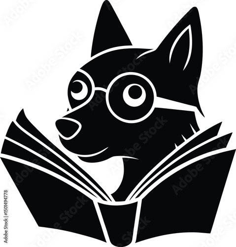 Black and white illustration of a dog wearing glasses reading a book symbolizing education