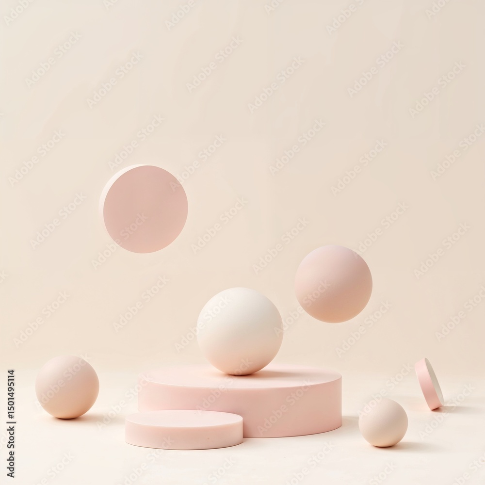 Fototapeta premium A soft pastel 3D scene featuring floating oval and spherical forms arranged in perfect visual balance. Subtle shadows on a matte surface. No texture, smooth surfaces only. Minimal, clean, suitable for