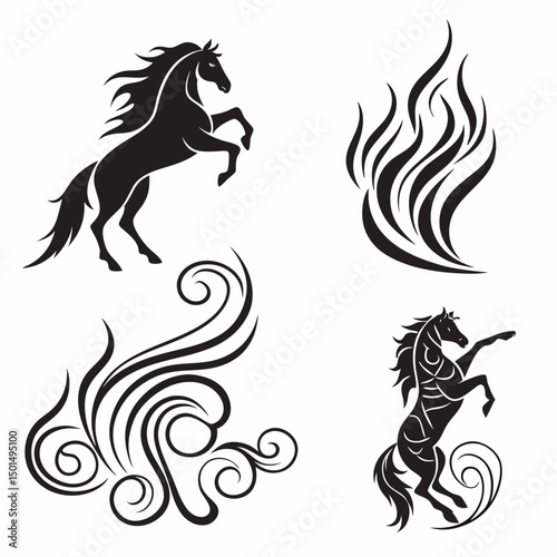 Elegant black horse and flame designs vector illustration