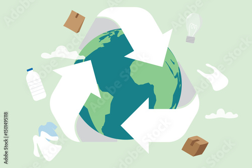 Eco-friendly concept saving planet. Globe with recycle, renewable energy, reduce plastic and sustainability. Protect earth awareness environmental and nature conservation vector flat illustration.