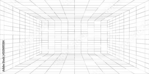 Fototapeta Naklejka Na Ścianę i Meble -   3D wireframe room white on blue background. Abstract perspective grid. Vector illustration.