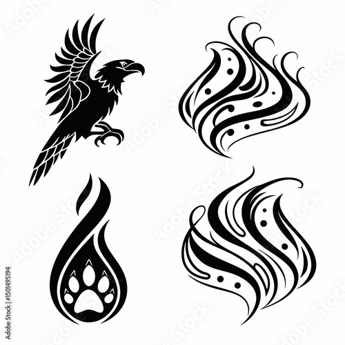 Tribal style eagle paw print flame design elements set