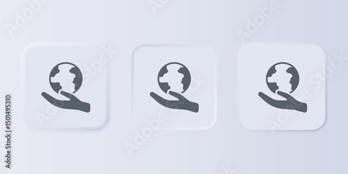 Grey Human hand holding Earth globe icon isolated on grey background. Save earth concept. Set icons in square buttons. Vector