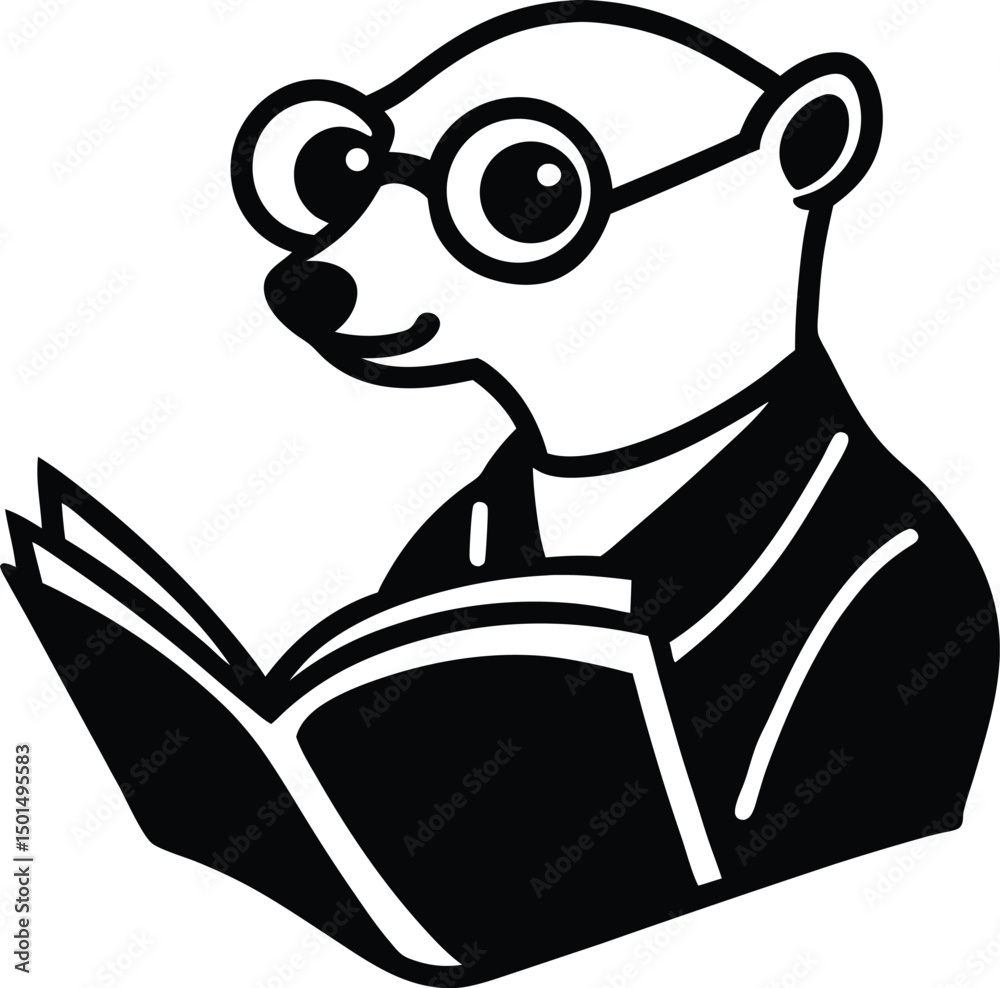 Obraz premium A clever meerkat wearing glasses reads a book illustrating education and wisdom in black and white