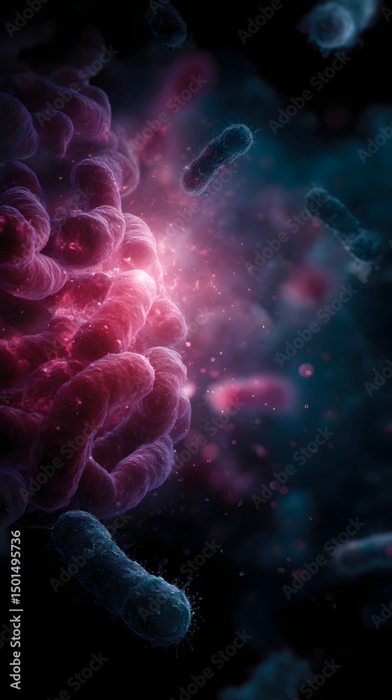 Obraz premium Vibrant microscopic microbiome floating in the digestive system