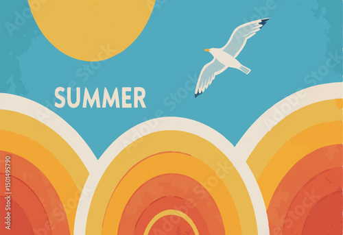 A vibrant retro summer illustration featuring colorful waves and a soaring seagull.