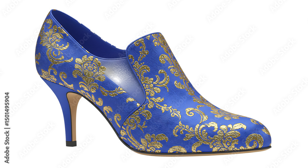 Obraz premium Royal blue slipper adorned with golden floral patterns