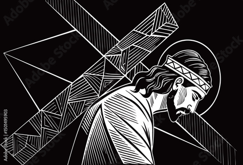 Somber illustration of a man with long hair, carrying a cross in a monochrome design.