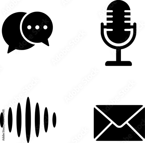 Communication Icons Set: Speech Bubble, Mic, Sound Wave, Envelope