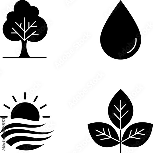 Environment Icon Set: Tree, Water Drop, Sun, and Leaves