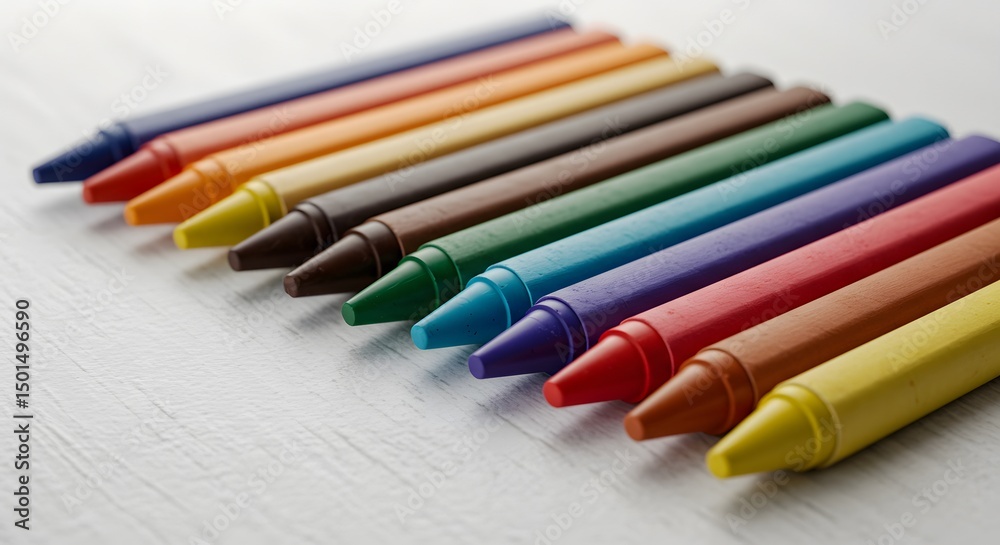 Fototapeta premium Close-up of wax crayons in various colors laid out in a straight row on a white textured surface.