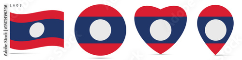 Laos waving flag, round circle sticker badge, heart shaped icon, map pin. Laotian flag buttons of different shapes. Vector illustration isolated on white. Free Download Laos waving flag, round circle sticker badge, heart shaped icon, map pin. Laotian flag buttons of different shapes. Vector illustration isolated on white. - GFXLoad