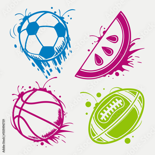 Vibrant sports balls and watermelon slice design elements on white background