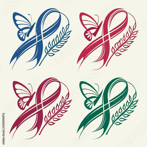 Awareness ribbons butterflies wheat design hope support charity