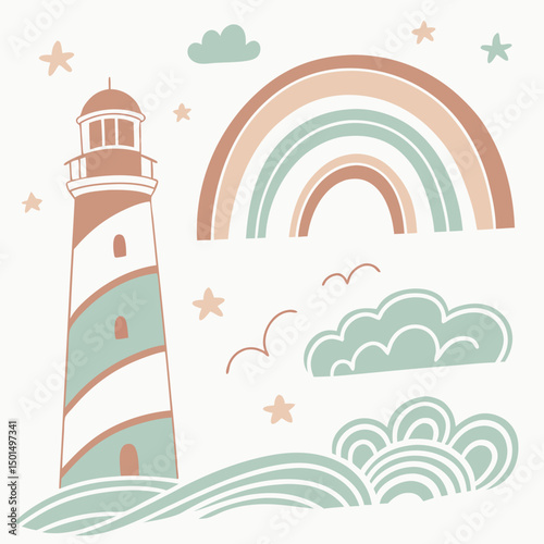 Pastel lighthouse rainbow clouds stars nursery art print