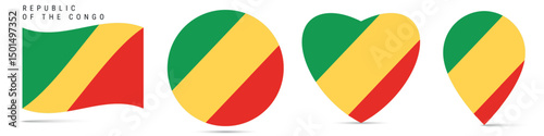 Free Download Republic of the Congo waving flag, circle badge, heart shaped, map pin. Flat vector illustration isolated - GFXLoad