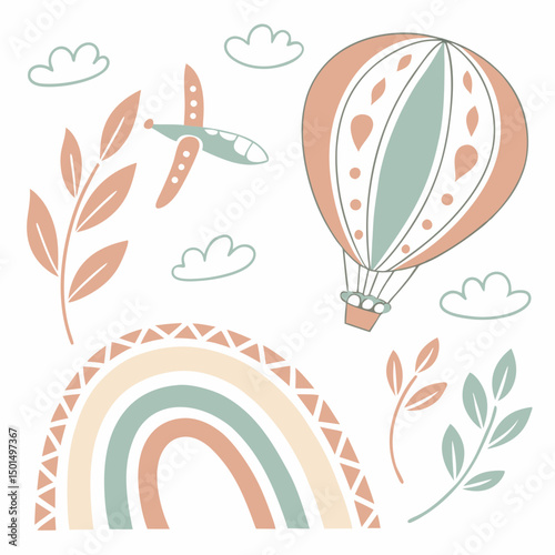 Pastel rainbow hot air balloon airplane clouds leaves childrens illustration