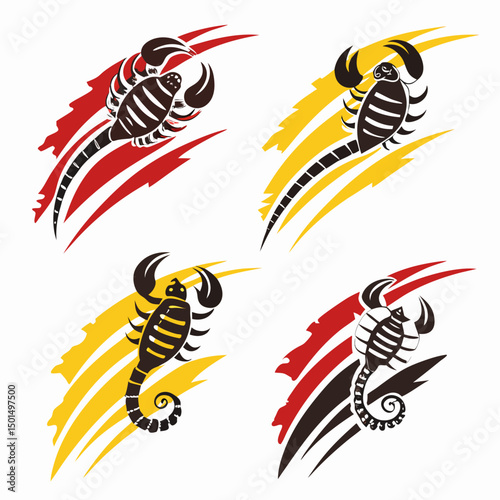 Four stylized scorpions with claw marks design elements
