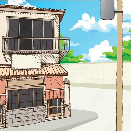 Vector illustration of Japanese traditional city street store. .Facade of shop in intersection with blank sign board. Cartoon and hand drawn style design.