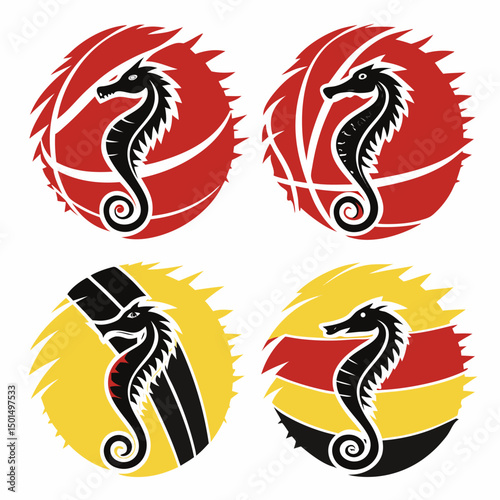 Stylized seahorse designs red yellow black circle logos
