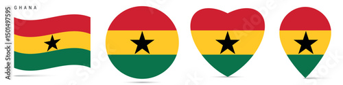 Free Download Ghana waving flag, round circle sticker badge, heart shaped icon, map pin. Ghanaian flag buttons of different shapes. Vector illustration isolated on white. - GFXLoad