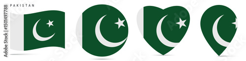 Pakistan waving flag, circle badge, heart shaped, map pin. Flat vector illustration isolated