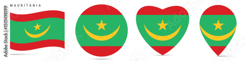 Free Download Mauritania waving flag, circle badge, heart shaped, map pin. Flat vector illustration isolated - GFXLoad